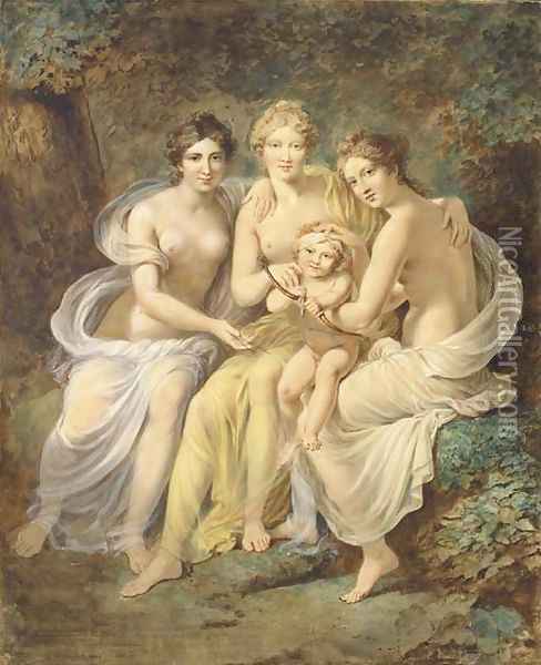 The Three Graces holding Cupid drawing a bow Oil Painting - Etienne-Charles Leguay