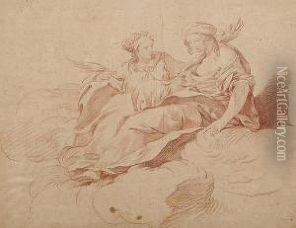 Two Draped Female Figures Seated On A Cloud Oil Painting - Edme Bouchardon