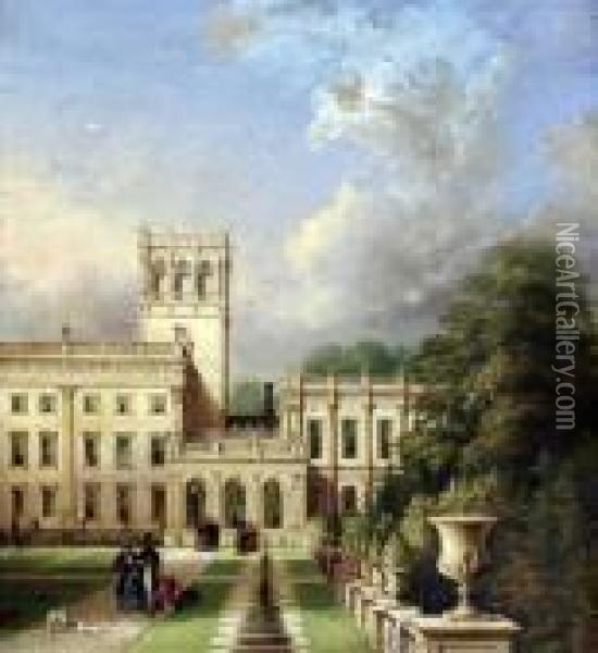 View Of Trentham Hall - Figures Walking In The Gardens Oil Painting - Thomas Shotter Boys