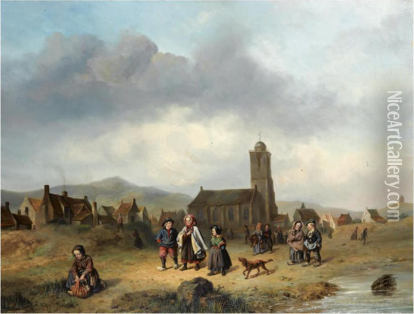 Children In The Dunes, Katwijk Oil Painting - Jan J. Czn. Fabius
