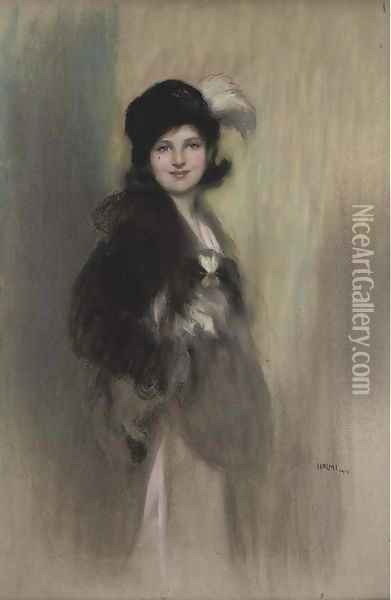 Portrait of Lady Dorothy Duveen, as a young girl, three-quarter-length, in a feathered hat Oil Painting - Artur Lajos Halmi