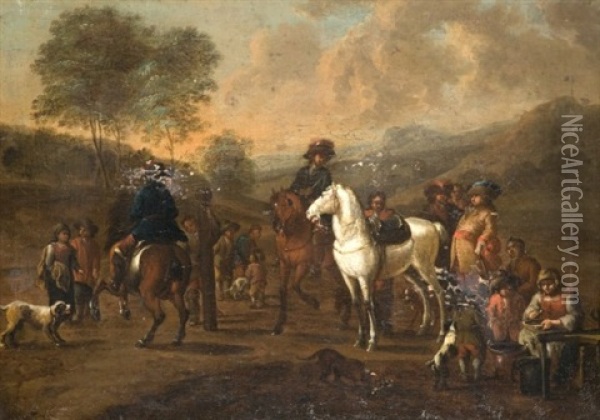 Reprise Equestre (+ Halte De Cavaliers; Pair) Oil Painting - August Querfurt