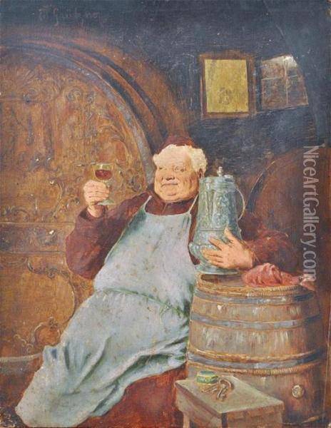 Monk Holding A Wine Glass Among Barrels Oil Painting - Eduard Von Grutzner