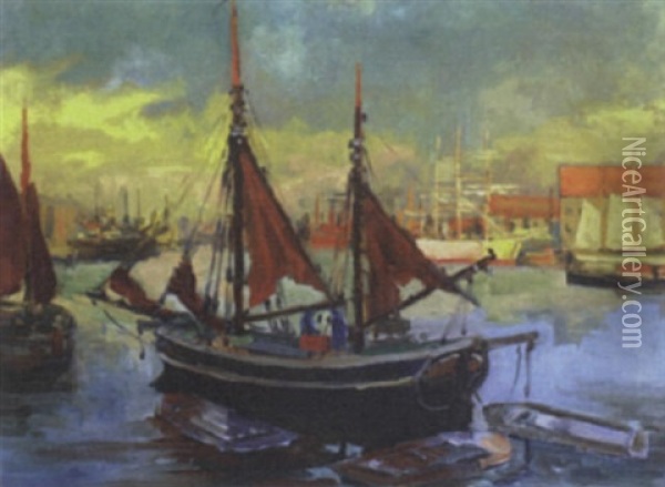Moored Boat In A Sunlit Harbour Oil Painting - Christian Bogo