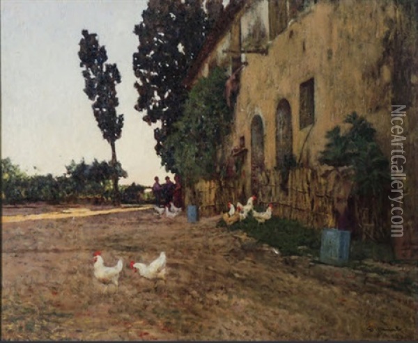 Casa Di Contadini (fauglia) - Farmer House Oil Painting - Giorgio Kienerk