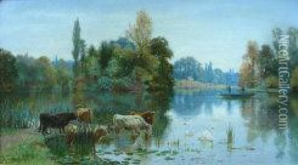 Cattle By The Riverside With Swans Oil Painting - Frederick William Hayes