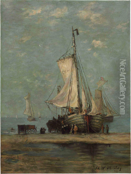 Collecting The Day's Catch Oil Painting - Hendrik Willem Mesdag