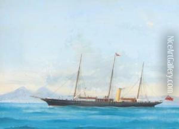 A Three-masted Steam Yacht Of 
The Royal Cork Yacht Club In The Bay Of Naples; And A Three-masted Steam
 Yacht Of The Royal Cork Yacht Club At Sea Oil Painting - Atributed To A. De Simone