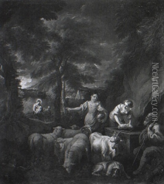 Herdsman And Two Washerwomen At A Fountain In A Wooded Landscape Oil Painting - Pieter Mulier the Younger