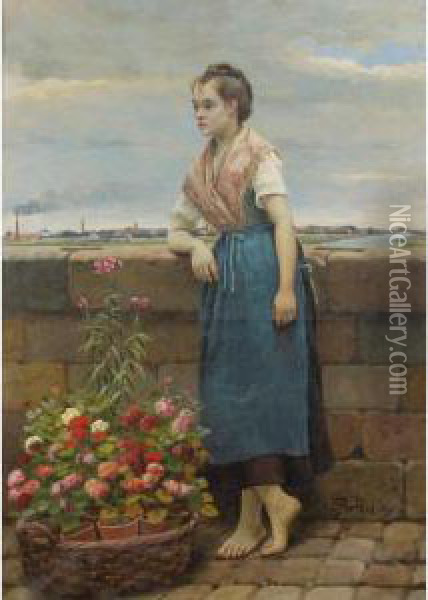 La Jeune Marchande De Fleurs 
[cesar Pattein, The Young Flower Vendor, Oil On Canvas, Signed And Dated
 1890. ] Oil Painting - Cesar Pattein