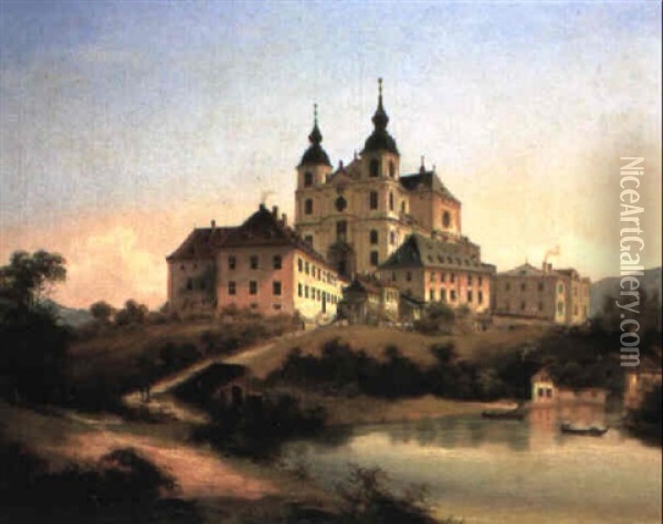 View Of A Church In A River Landscape Oil Painting - Johann Wilhelm Jankowski