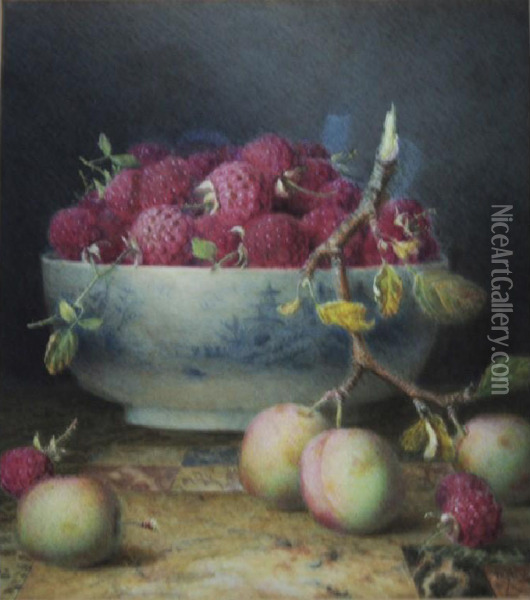 Raspberries And Plums Oil Painting - William B. Hough