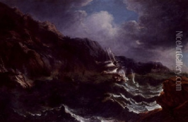 A Storm On A Rocky Coast With Ships In Distress Oil Painting - Matthieu Van Plattenberg