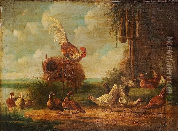 Poultry Beside A River Oil Painting - Albertus Verhoesen