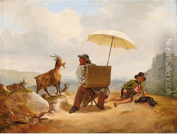 An Artist Painting Goats In A Mountainous Landscape Oil Painting - Carl Julius Hermann Schroder
