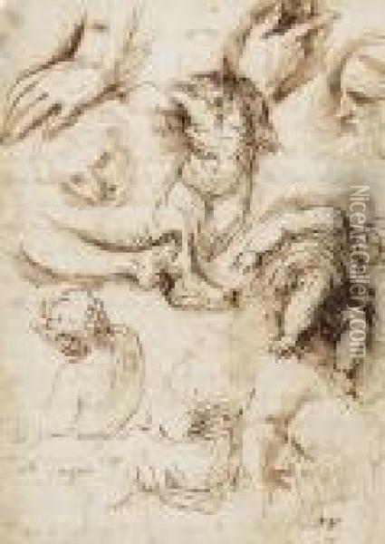 Skizzenblattmit Korpern, Gesichtern, Fussen Und Einer Hand Oil Painting - Acopo D'Antonio Negretti (see Palma Giovane)