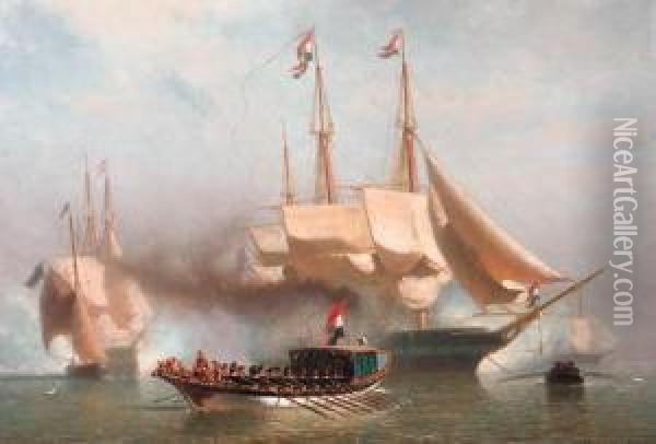 The Royal Barge Receiving A Salute By The Royal Yacht Upondisembarkement Oil Painting - Johan Conrad Greive