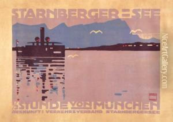 Starnberger See. 1910. Oil Painting - Ludwig Hohlwein