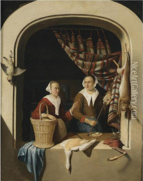 Two Ladies In A Niche Selling Poultry And A Hare Oil Painting - Dominicus van Tol