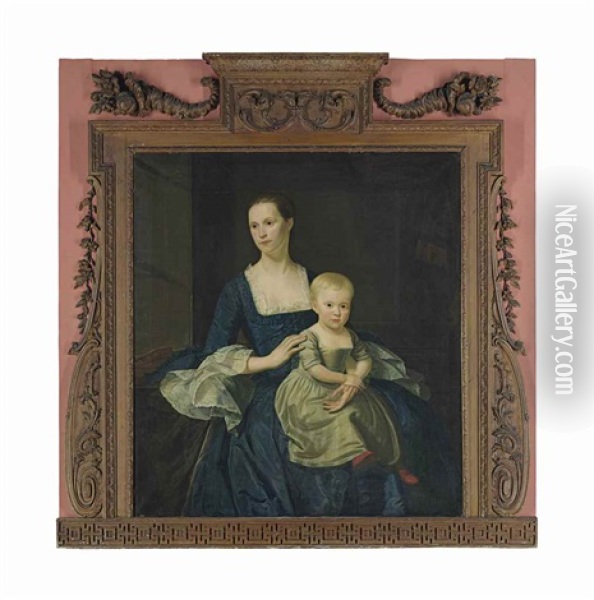 Portrait Of Lady, Thought To Be Mary Mytton, Three-quarter-length, In A Blue Silk Dress With Lace Trim, With Her Son On Her Knee, In A White Gown Oil Painting - Christopher Steele