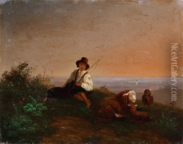 Schafer Mit Seiner Herde In Der Abenddammerung Oil Painting - Ernst Heinrich Richard