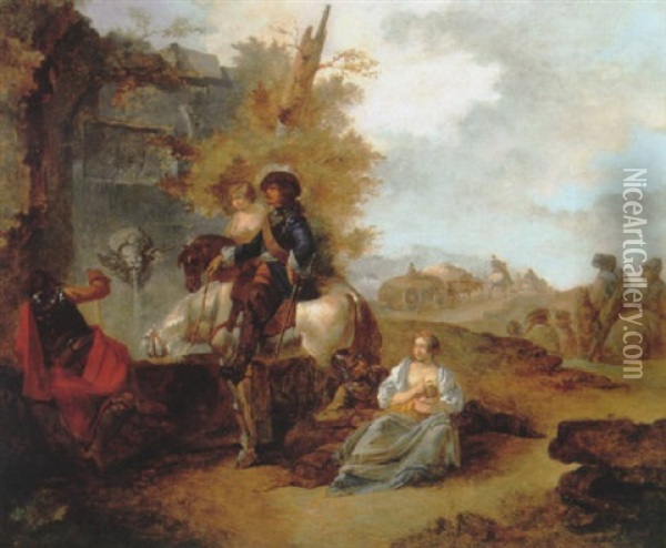 A Cavalier Watering His Horse At A Fountain, A Cavalry Column Beyond Oil Painting - Francesco Giuseppe Casanova