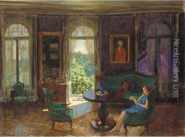 Interior With Lady In Blue Oil Painting - Stanislaw Zukowski
