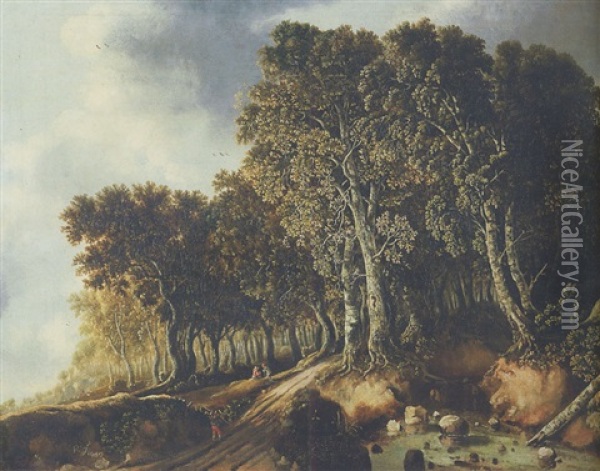 A Wooded Landscape With Travellers On A Path By A Pond Oil Painting - Roelant Roghman