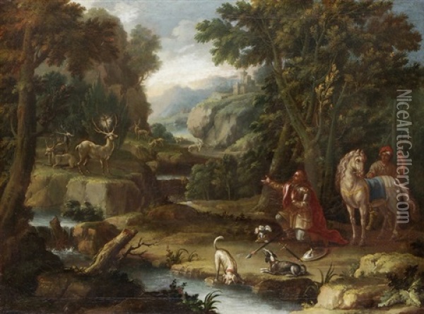 Hubertus Mit Weissem Hirsch In Landschaft Oil Painting - Giacomo Nani
