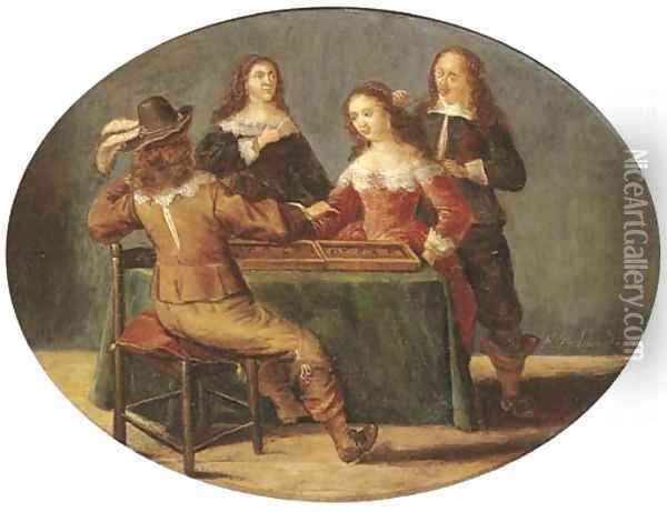 Elegant company playing tric-trac in an interior Oil Painting - Anthonie Palamedesz
