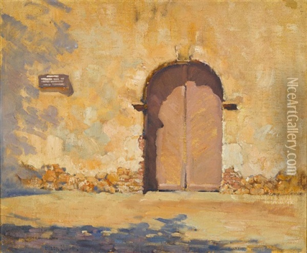 Old Mission Door, St. Gabriel Oil Painting - Alson Skinner Clark