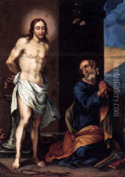 Christ At The Column With Saint Peter Oil Painting - Pietro Sigismondi