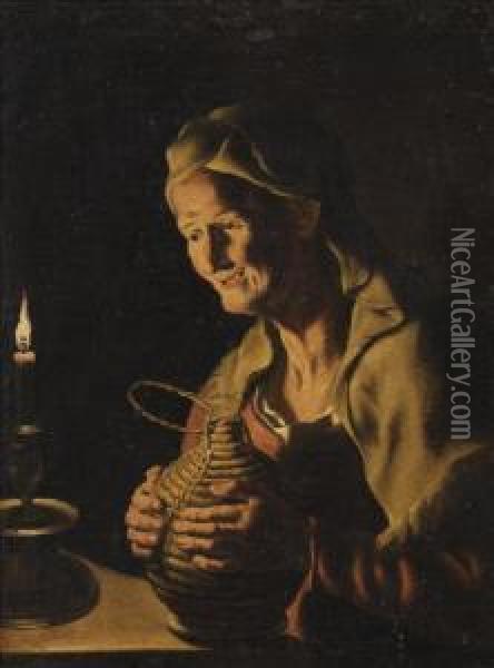 Old Woman With A Flask Oil Painting - Matthias Stomer