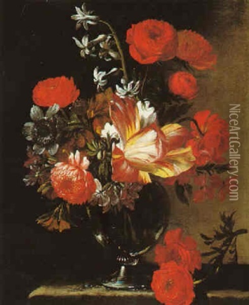 Still Life Of Tulips, Roses And Carnations In A Glass Vase, Upon A Stone Plinth Oil Painting - Abraham Brueghel