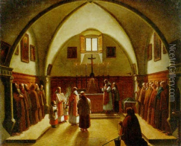 The Interior Of A Sacristy With Capuchin Friars Oil Painting - Francois Marius Granet