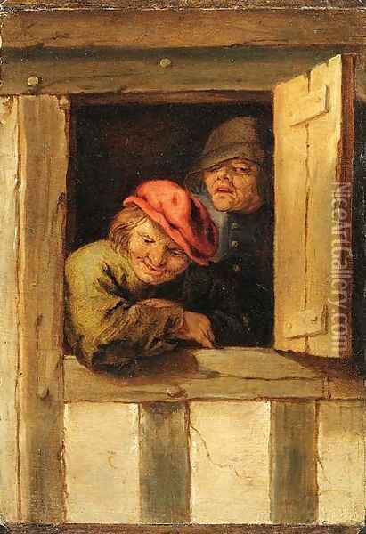 Two peasants at a window Oil Painting - Adriaen Jansz. Van Ostade