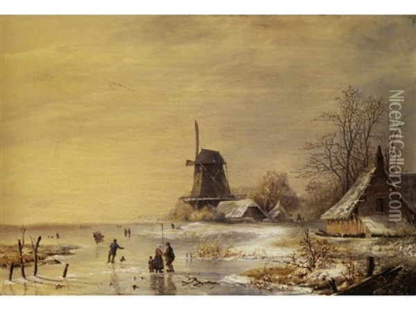 Niederlandische Winterlandschaft Mit Vereistem Poldersee, Windmuhle Und Verschneiten Hausern Oil Painting - Albert Eduard Moerman