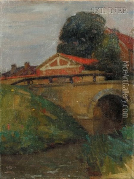 Barn On A Clear Day (+ River And Bridge View; 2 Works) Oil Painting - Robert Henry Logan