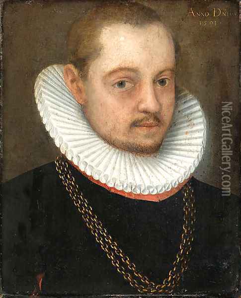 Portraits of a Gentleman small bust length, in black dress with white ruffs and gold chains Oil Painting - German School
