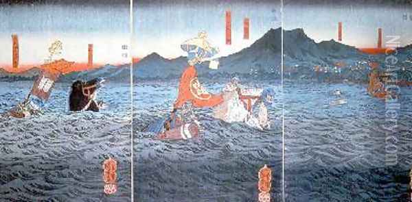 The Rival Generals fording the Ujigawa Oil Painting - Utagawa Kuniyoshi