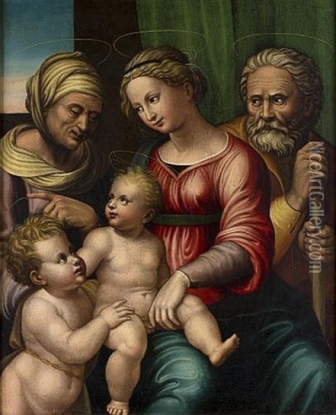 Madonna With Jesus Child And Saints Joseph, Giovannino And Elizabeth Oil Painting - Innocenzo di Pietro (da Imola) Francucci