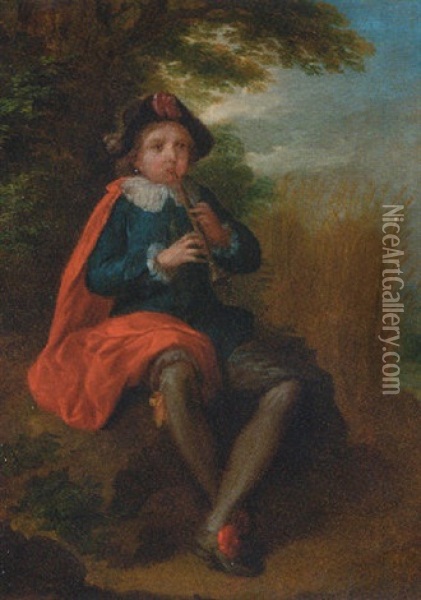 A Young Boy Playing A Shawn In A Landscape Oil Painting - Jean-Baptiste Charpentier the Elder