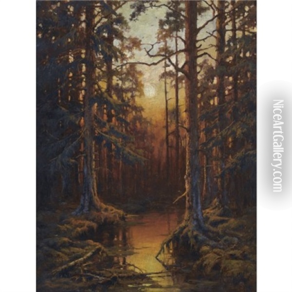 Forest Sunset Oil Painting - Yuliy Yulevich (Julius) Klever