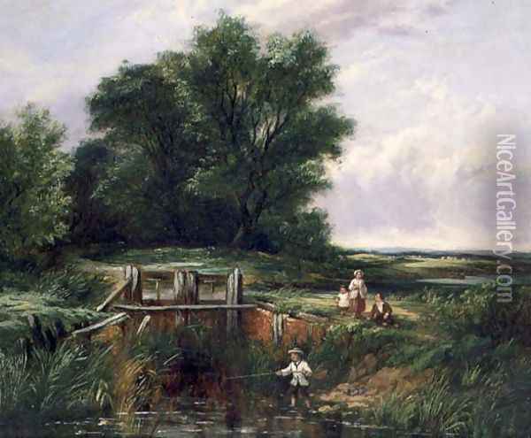 Children by a Lock Gate Oil Painting - John Anthony Puller