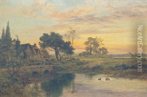 Sunset Over A River Landscape Oil Painting - Robert Gallon