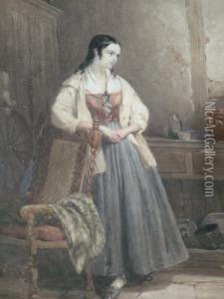Study A Woman Standing Full Length In An Interior; Watercolour, Signed, 38x28cm Oil Painting - Aaron Edwin Penley