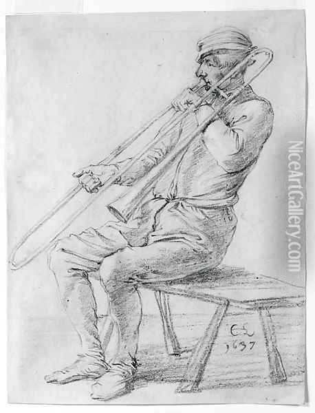 A seated man playing a sackbut Oil Painting - Cornelis Saftleven