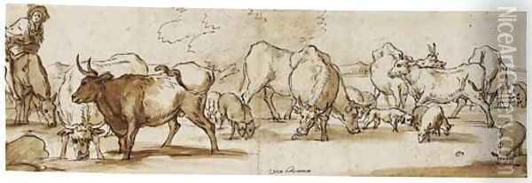 Cows and sheep grazing with a shepherd on horseback Oil Painting - Pieter van Bloemen