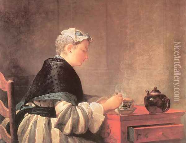 Lady Taking Tea Oil Painting - Jean-Baptiste-Simeon Chardin