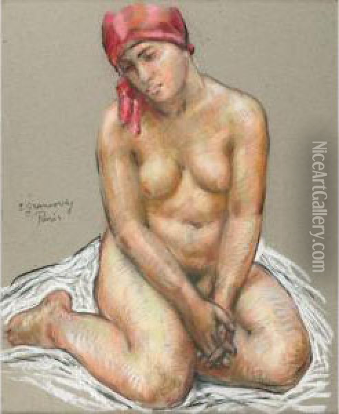 Nude In A Red Scarf Oil Painting - Sam Granowsky